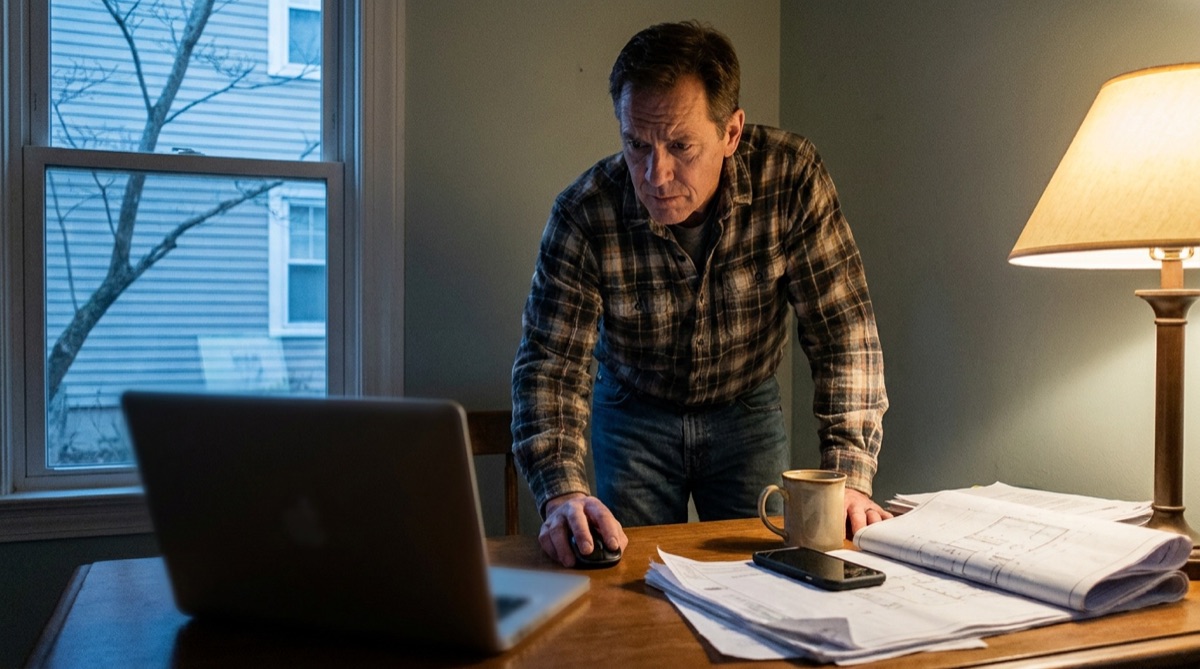 Contractor checking a spam folder on a laptop and finding missed website enquiries
